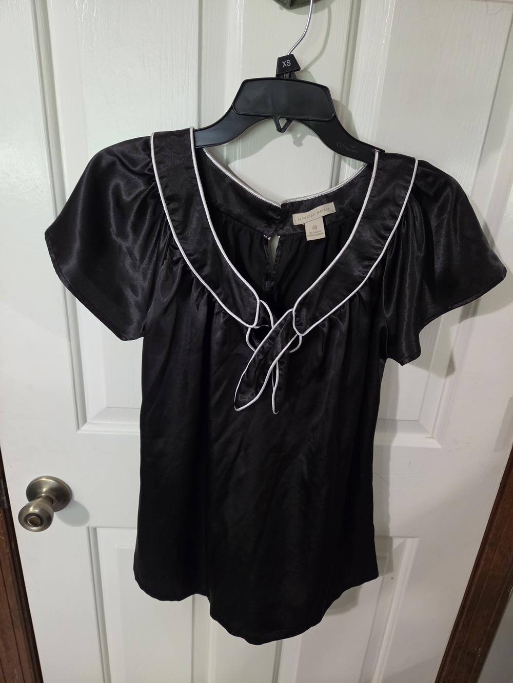 Women's Black Satin Blouse with White Piping and Neck Tie
